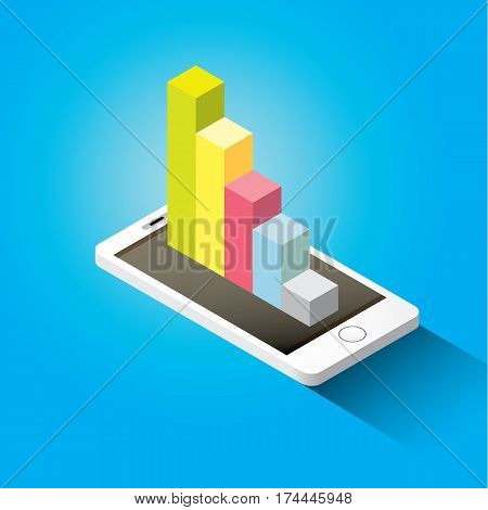 Vector isometric Smartphone with graph and charts on screen isolated on blue background. Mobile analytics or big data concept icon. Mobile infographic design template.