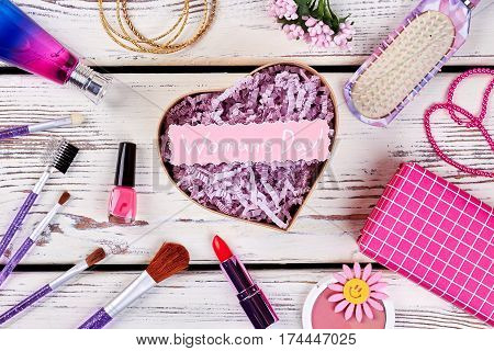 Cosmetics and heart-shaped box. 8th Marh present.