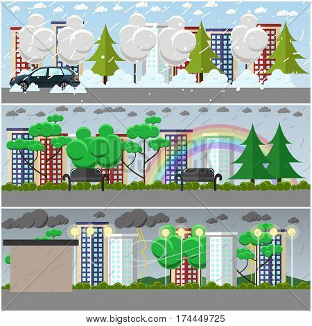 Vector set of weather concept posters, banners. Blizzard, rain and storm, cityscape, city park and street flat style design elements.