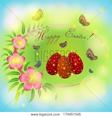 Easter greeting card with pink flowers and eggs butterfly on green blue background. Lettering. Vector illustration.