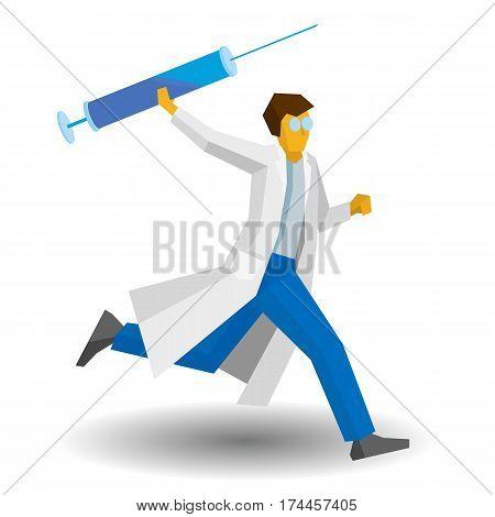 Doctor Running With A Large Syringe. Medicine Concept.