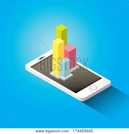 Vector isometric Smartphone with graph and charts on screen isolated on blue background. Mobile analytics or big data concept icon. Mobile infographic design template.