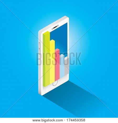 Vector isometric Smartphone with graph and charts on screen isolated on blue background. Mobile analytics or big data concept icon. Mobile infographic design template.