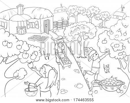 Kids Coloring cartoon on the theme of harvest vector illustration. Zentangle style. Black and white, children, garden, village, apples, harvest, autumn