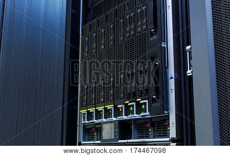 servers stack with hard drives in a datacenter for backup and data storage