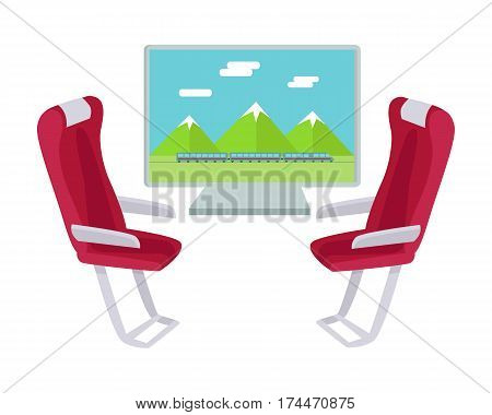 Two sits and view from the window isolated on white. Train travel concept web banner. Railway comfort journey vector illustration in flat style design. Comfortable armchairs in express. Vector