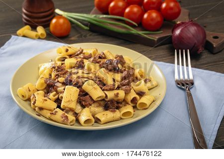 Macaroni with stewed beef.  Russian Navy Style pasta on table