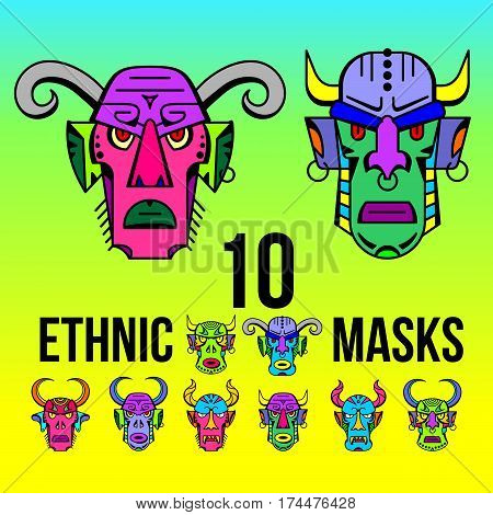 Set ethnic devil masks of different shapes for the logo, trademark, drawing on clothes, ornament tattoo, vector illustration