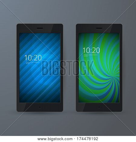 Set of 2 elegant Mobile Phone interface wallpaper design. Vector illustration EPS 10 black smartphone on gray background element for Business Presentations Application Cover and Web Site Design