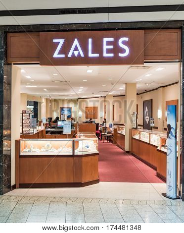Fairfax USA - February 18 2017: Zales sign inside in mall jewelery store