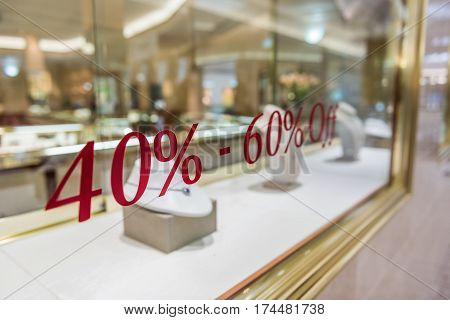 Jewelry store with 40 to 60 percent off discount sign