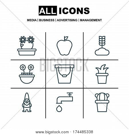 Set Of 9 Agriculture Icons. Includes Desert Plant, Pail, Taste Apple And Other Symbols. Beautiful Design Elements.