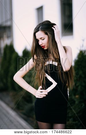 Autumn Outdoor Porttrait Of Young Pretty Elegant Girl Posing .