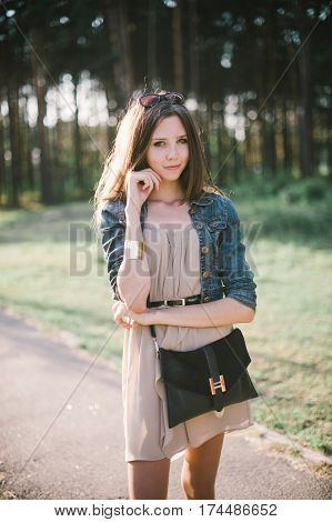 Summer Outdoor Porttrait Of Young Pretty Elegant Girl Posing Str