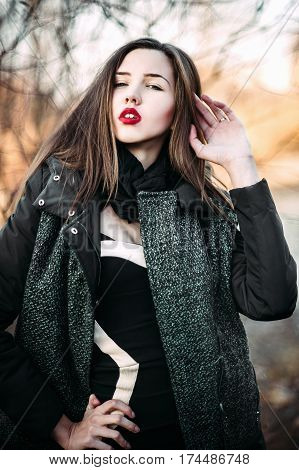 Autumn Outdoor Porttrait Of Young Pretty Elegant Girl Posing .