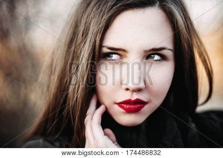 Autumn Outdoor Porttrait Of Young Pretty Elegant Girl Posing .