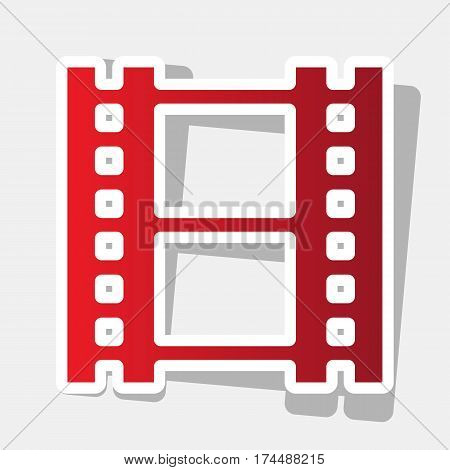 Reel of film sign. Vector. New year reddish icon with outside stroke and gray shadow on light gray background.