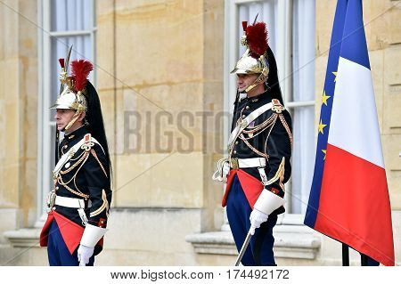 PARIS FRANCE - JUNE 10: Hotel Matignon Republican Guards of honor during a welcome ceremony on JUNE 10 2016 in Paris. Matignon is the official residence of the Prime Minister of France.