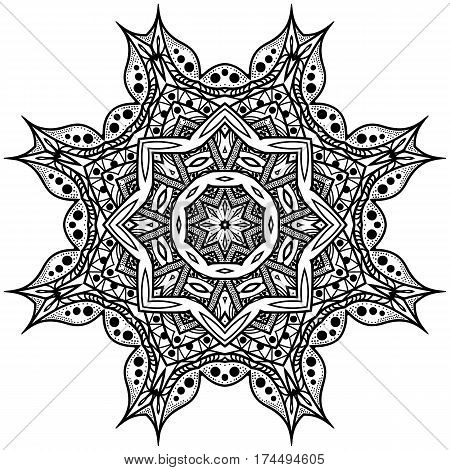 Monochrome mandala. Pattern in a circle on a white background. Illustration for color book.