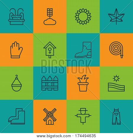 Set Of 16 Holticulture Icons. Includes Rubber Boot, Water Monument, Bugbear And Other Symbols. Beautiful Design Elements.