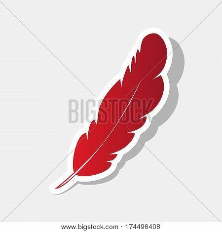 Feather sign illustration. Vector. New year reddish icon with outside stroke and gray shadow on light gray background.