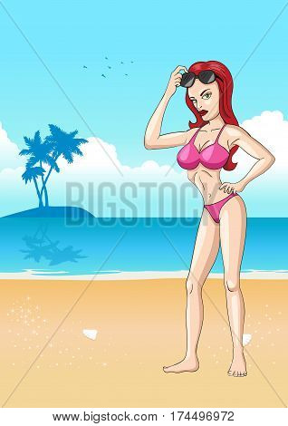 Cartoon illustration of sexy girl in bikini at the beach