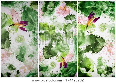 Set with abstract background, modern halftones with hand drawn watercolor. Spring color concept, for for banner, print, template, web, decoration. Collage.
