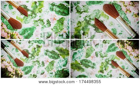 Set with abstract background, modern halftones with hand drawn watercolor and brushes. Spring color concept, for for banner, print, template, web, decoration. Collage.