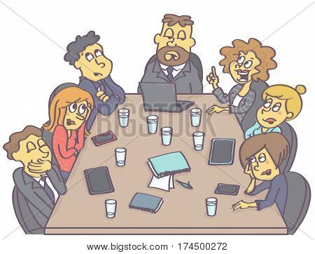 Business meeting with woman employee having a suggestion while coworkers are making fun of her.