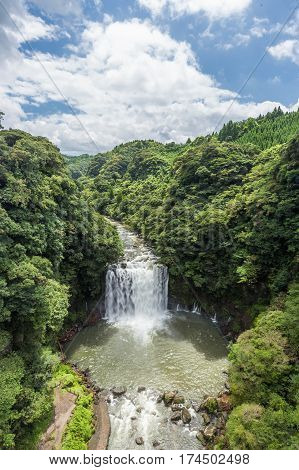 Kamikawa Otaki Waterfall And Green Forest In Kagoshima, Kyushu, Japan