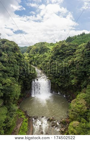 Kamikawa Otaki Waterfall And Green Forest In Kagoshima, Kyushu, Japan