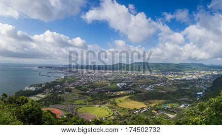 Ibusuki Town Landscape View And Blue Sky From Hill Top
