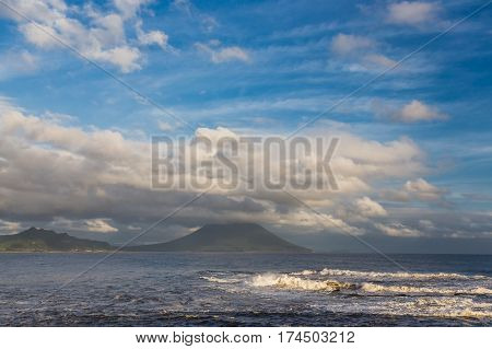 Mt. Kaimon Volcano And Beautiful Cloudscape And Ocean In Kagoshima, Kyushu, Japan.