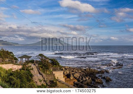 View Of Seascape And Ocean With Mt. Kaimon Volcano, Kagoshima, Kyushu, Japan ( Kaimondake)