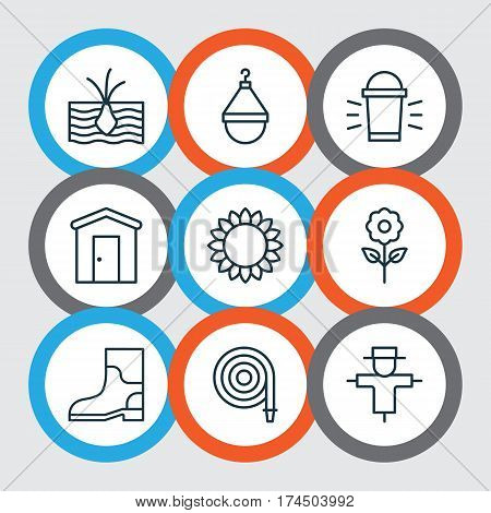 Set Of 9 Agriculture Icons. Includes Farmhouse, Decorative Plant, Rubber Boot And Other Symbols. Beautiful Design Elements.