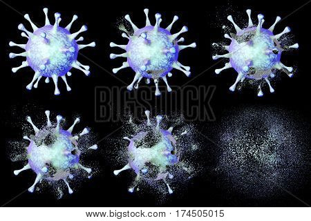 Destruction of a virus, 3D illustration. Series of images showing different stages of destruction of a virus. Can be used to illustrate effect of drugs, medicines, microbes, nanoparticles