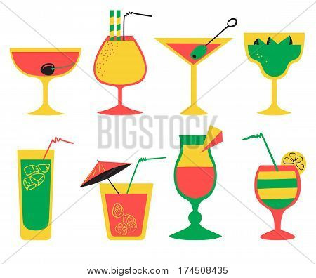 Vector set with alcohol cocktails. Flat cartoon style collection with drinks juice and decorations in glasses with fruits. Vector illustration for beach summer party cocktail designs
