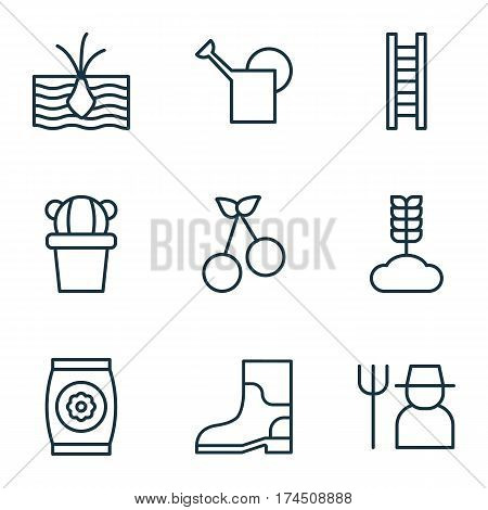 Set Of 9 Gardening Icons. Includes Bailer, Stairway, Cereal And Other Symbols. Beautiful Design Elements.