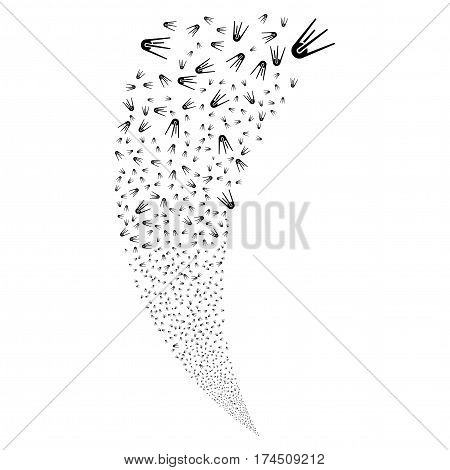 First Satellite random fireworks stream. Vector illustration style is flat black iconic symbols on a white background. Object fountain combined from scattered pictographs.