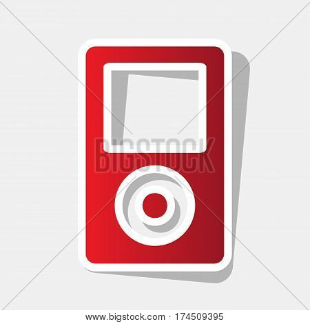 Portable music device. Vector. New year reddish icon with outside stroke and gray shadow on light gray background.