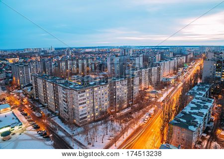 Night Voronezh cityscape from rooftop. Residential dormitory area