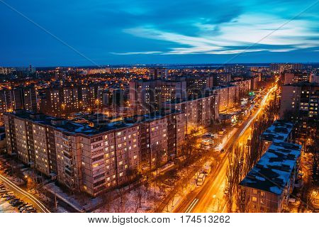 Night Voronezh cityscape from rooftop. Residential dormitory area