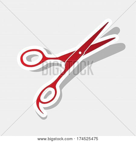 Hair cutting scissors sign. Vector. New year reddish icon with outside stroke and gray shadow on light gray background.