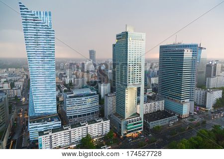 Warsaw, Poland - May 07, 2016. Aerial view with InterContinental Hotel, Warsaw Financial Center and Spektrum Tower in Warsaw