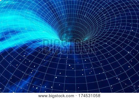 Cosmic wormhole, space travel concept, funnel-shaped tunnel that can connect one universe with another, 3d rendering