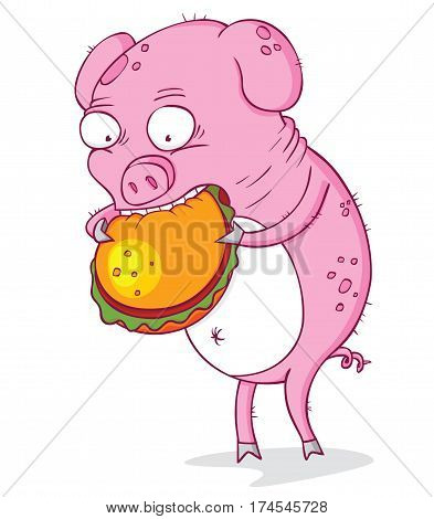 illustration of the greedy pig eat hamburger