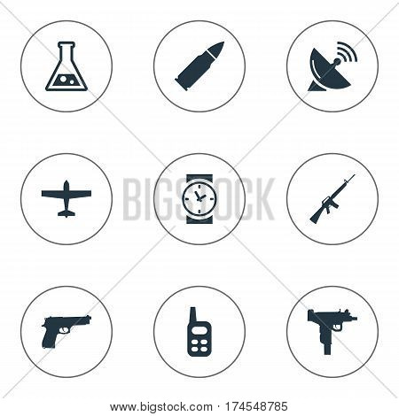 Set Of 9 Simple Battle Icons. Can Be Found Such Elements As Chemistry, Pistol, Air Bomber And Other.