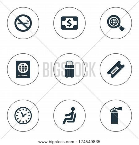 Set Of 9 Simple Travel Icons. Can Be Found Such Elements As Travel Bag, Certificate Of Citizenship, Coupon And Other.