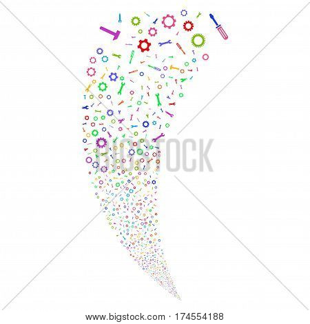 Setup Tools random fireworks stream. Vector illustration style is flat bright multicolored iconic symbols on a white background. Object fountain combined from scattered design elements.