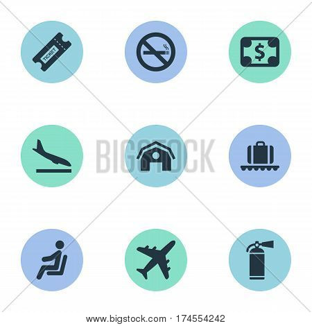 Set Of 9 Simple Transportation Icons. Can Be Found Such Elements As Plane, Alighting Plane, Seat And Other.
